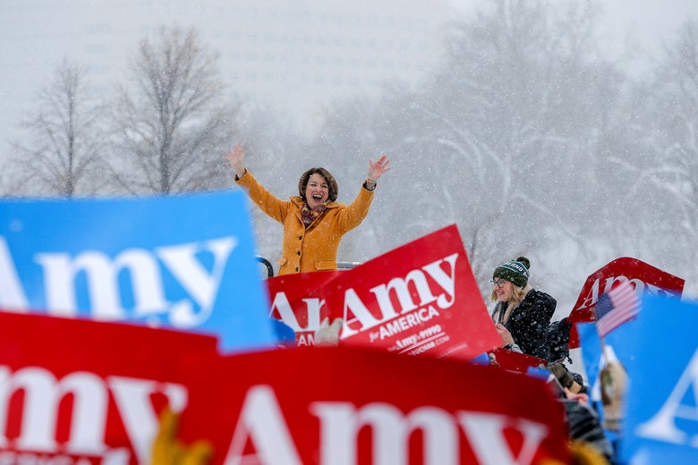 Amy Klobuchar at a snowy campaign rollout